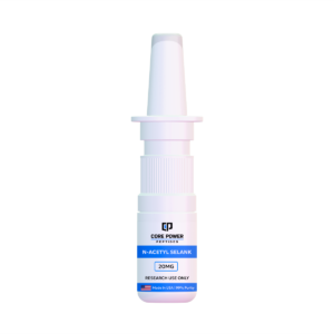 N-Acetyl Selank 20mg nasal spray bottle featuring "Made in USA" and 99% purity label, isolated on white background.