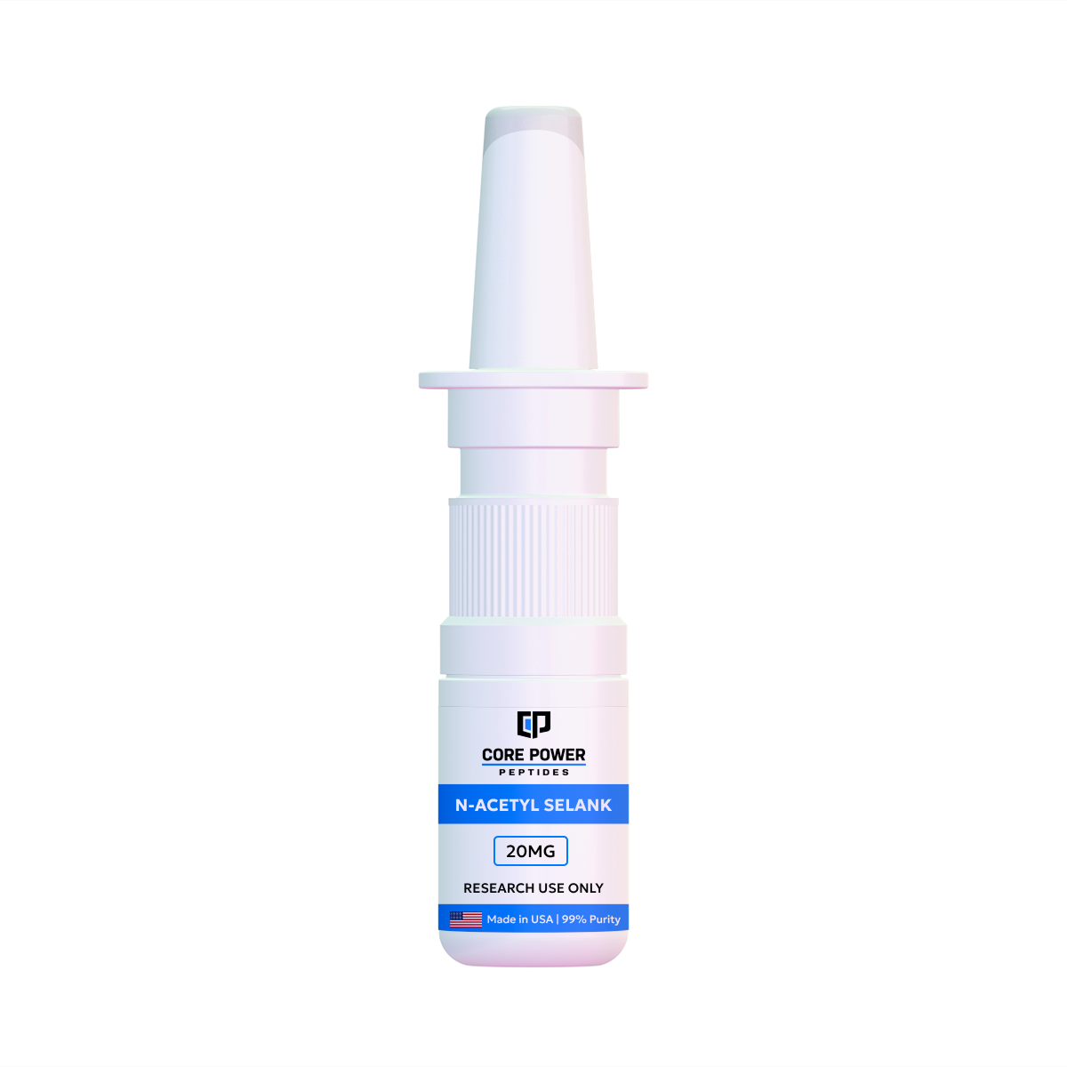 N-Acetyl Selank 20mg nasal spray bottle featuring "Made in USA" and 99% purity label, isolated on white background.