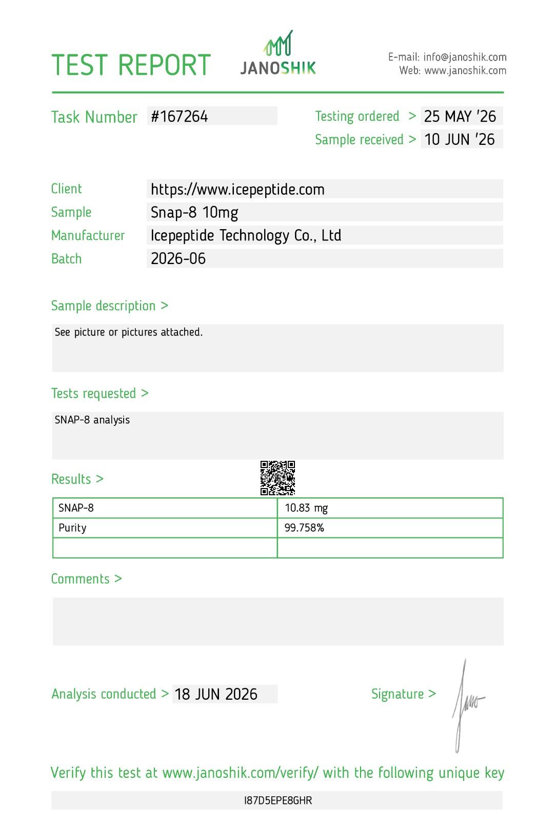 SNAP-8 10mg COA for Core Power Peptides