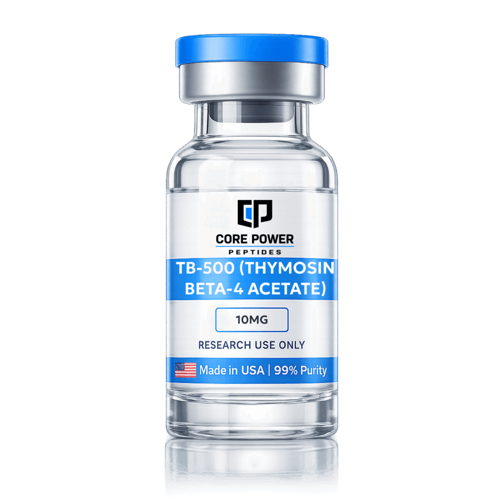 TB-500 (Thymosin Beta-4 Acetate) 10mg research vial with blue cap, clear glass, featuring "Made in USA" and 99% purity label, isolated on black background.