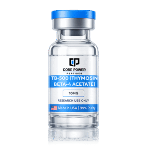TB-500 (Thymosin Beta-4 Acetate) 10mg research vial with blue cap, clear glass, featuring "Made in USA" and 99% purity label, isolated on black background.