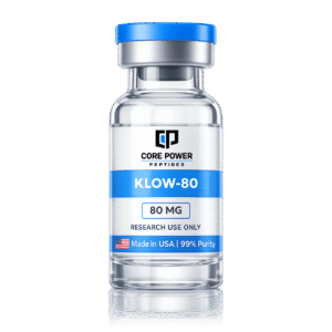 KLOW-80 peptide blend research vial with blue cap, clear glass, featuring "Made in USA" and 99% purity label, isolated on black background.