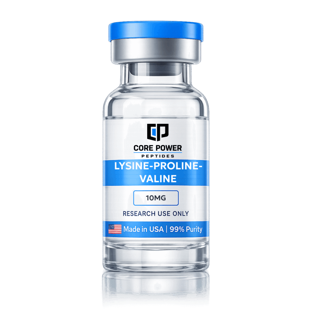 Lysine-Proline-Valine 10mg research vial with blue cap, clear glass, featuring "Made in USA" and 99% purity label, isolated on white background.