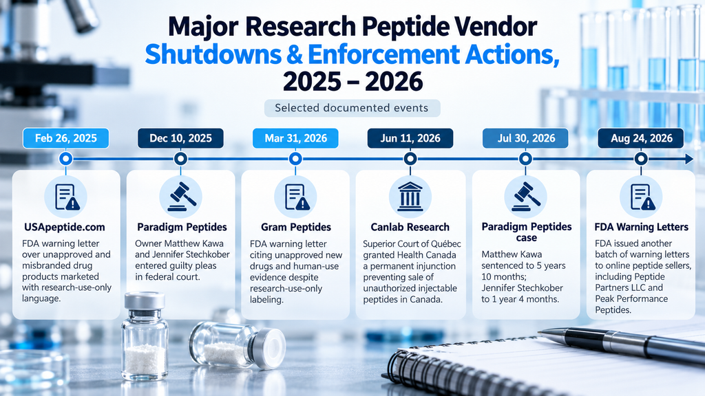 Timeline of major research peptide vendor shutdowns and enforcement actions in 2025 and 2026
